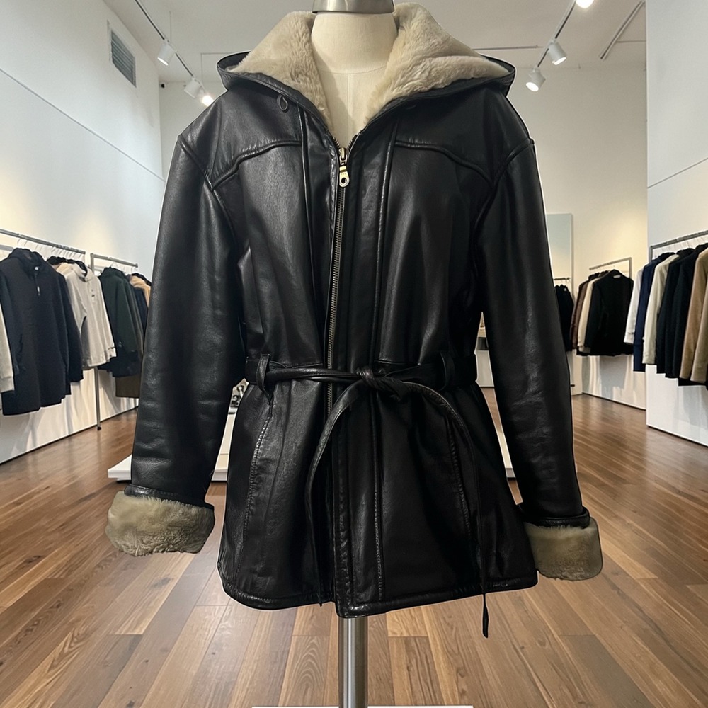 Wilsons Leather Hooded Parka Jacket Black Faux Fur Lined Belted XL Womens